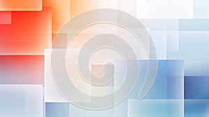 An abstract background with overlapping translucent squares in a gradient of red orange blue and white hues. Soft geometric