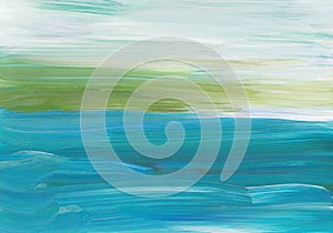 Abstract background painting. Green, blue, white brush strokes on paper. Colorful elegant artistic backdrop