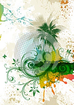 Abstract tropical background with palm trees and tropical flowers