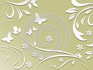 Abstract background with paper flowers and butterflies.