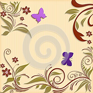 Abstract background with paper flowers and butterflies.