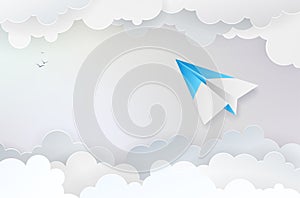 Abstract background with paper plane, clouds and birds