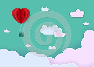Abstract background in paper style. Red hearts, balloons on a green background