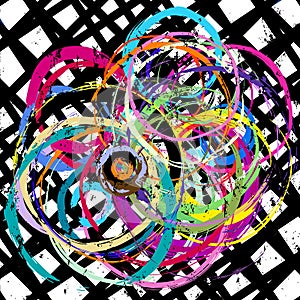 Abstract background pattern, with circles, lines, paint strokes and splashes