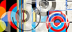 Abstract background pattern, with circles, stripes, paint strokes and splashes, art in the bauhaus tradition