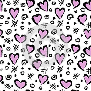 Abstract background with a pattern of hearts, a lattice and spots. Vector illustration drawn by hand.