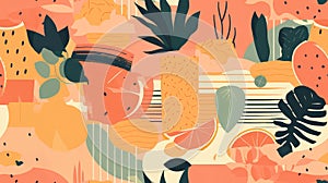 Abstract background pattern, seamless photo. Abstract colored shapes, summer motif, palm trees, pumpkins and pineapples.