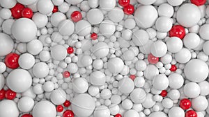 Abstract background with pile of many white and red balls. 3D rendering.