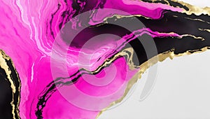 Abstract background, pink black watercolor texture with gold veins, painted artificial marbled surface, liquid paint marbling