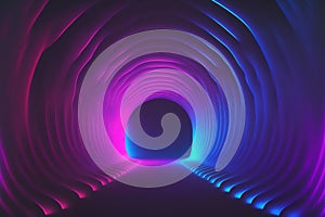 Abstract background, pink blue neon light, glowing dynamic wavy lines on the floor, ultraviolet spectrum. Generative AI illustrati