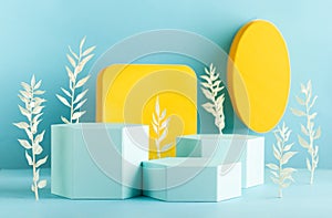 Abstract background with  podiums for products presentation or exhibitions. Composition of different geometric objects with copy