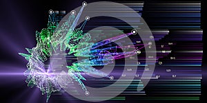 Abstract background with polygonal grid analyze and blurred lines on dark. Analytics algorithms data. Big data. Quantum
