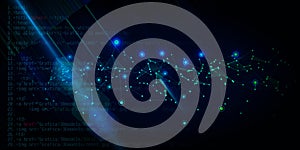 Abstract background with polygonal grid, lines and analysis code.  Programming data.  Artificial intelligence. Business,