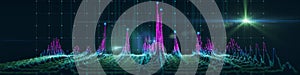 Abstract background with polygonal noisy algorithm grid connecting dots on dark. Big Data. Analytics data algorithms. Computing