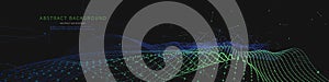 Abstract background with polygonal noisy grid connecting dots on dark. Analytics data algorithms. Big Data. Computing concept.