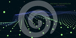 Abstract background with polygonal noisy grid connecting dots on dark. Analytics data algorithms. Big Data. Quantum concept.
