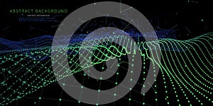 Abstract background with polygonal noisy grid connecting dots on dark. Analytics data algorithms.  Computing concept. Banner