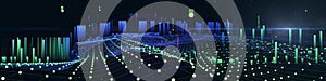 Abstract background with polygonal noisy grid connecting dots on dark. Analytics data algorithms. Computing concept. Big Data.