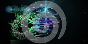 Abstract background with polygonal star grid analyze data and blurred lines. Analytics algorithms data. Big data. Quantum