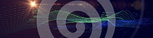 Abstract background with polygonal wireframe grid connecting dots on blue. Analytics data algorithms. Computing concept.