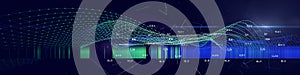 Abstract background with polygonal wireframe grid connecting dots on dark. Analytics data algorithms. Computing concept. Big Data