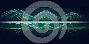 Abstract background polygonaly wavy in web grid with noisy signal on dark. Big Data. Technology wireframe interlacement