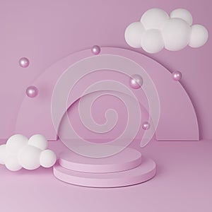 abstract background for product presentation. podium. minimal pink scene with white clouds. 3d visualization.