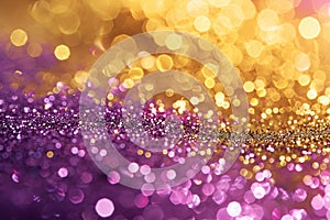 Abstract background with purple and gold bokeh, creating a sparkling and blurred effect