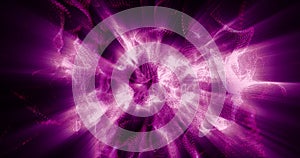 Abstract background of purple pink moving flying small wave particles from smoke with glow and blur effect of exploding sphere.