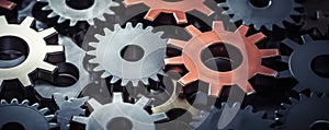Abstract background with a puzzle of interconnected gears and cogs, symbolizing problem-solving, collaboration panorama