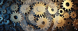 Abstract background with a puzzle of interconnected gears and cogs, symbolizing problem-solving, collaboration panorama