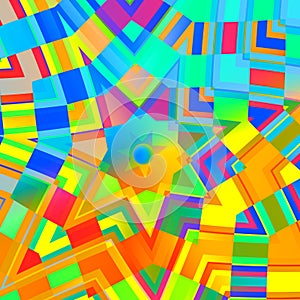 Abstract Background in Rainbow Colors. Concentric Yellow Mandala. Multicolored Mosaic. Digital Art Collage. Kaleidoscopic Design.