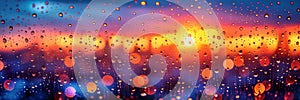 Abstract background with raindrops, blurred cityscape and warm sunset colors.