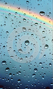 Raindrops on wet window glass and rainbow