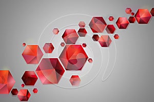 Abstract background of red flying geometric honeycomb shapes - prism, pyramid, hexagons, geometrical figures on gray background