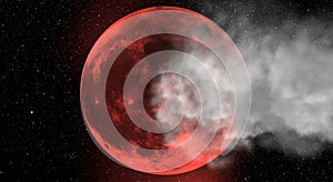 Abstract background with the red moon blurred by a cloud and the starry sky