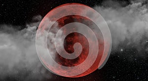 Abstract background with the red moon blurred by two clouds and the starry sky