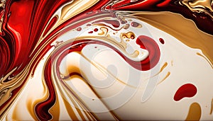 abstract background, red,white and gold acrylic liquid artistic paints.