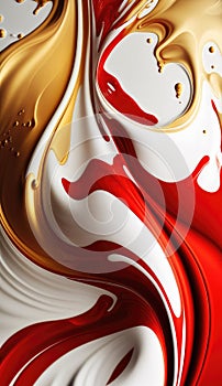 abstract background, red,white and gold acrylic liquid artistic paints.