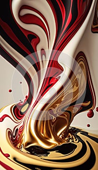 abstract background, red,white and gold acrylic liquid artistic paints.