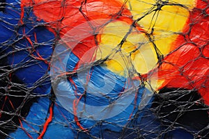 abstract background of red, yellow and blue colors on a black background, A bold mesh of primary colors with deep, wavering lines