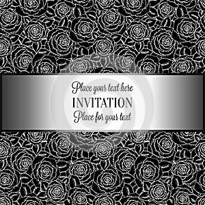 Abstract background with roses, luxury black and silver vintage tracery made of roses, damask floral wallpaper ornaments, invitati