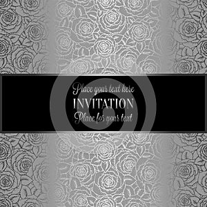 Abstract background with roses, luxury black and silver vintage tracery made of roses, damask floral wallpaper ornaments, invitati