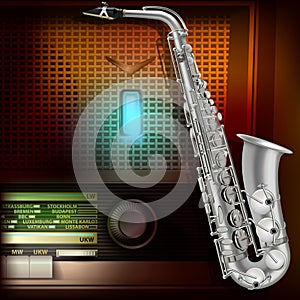 Abstract background with saxophone and retro radio