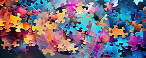 Abstract background with scattered puzzle pieces coming together, symbolizing problem-solving panorama