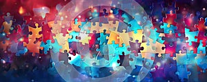 Abstract background with scattered puzzle pieces coming together, symbolizing problem-solving panorama