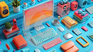 Abstract background with school-themed digital icons like computers and tablets photo