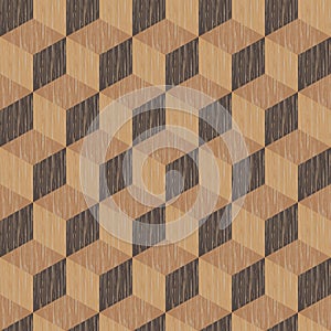 Abstract background, seamless pattern of isometric cubes, repeating wooden texture, vector illustration.Can be used for wallpaper,