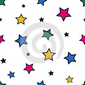 Abstract background seamless pattern tile with bright colorful stars on white vector. Geometric shapes ornament