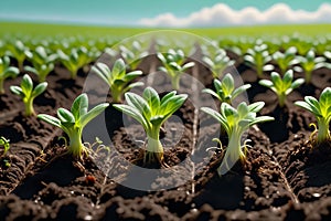 Abstract background from seedlings growing in the ground, warm spring.